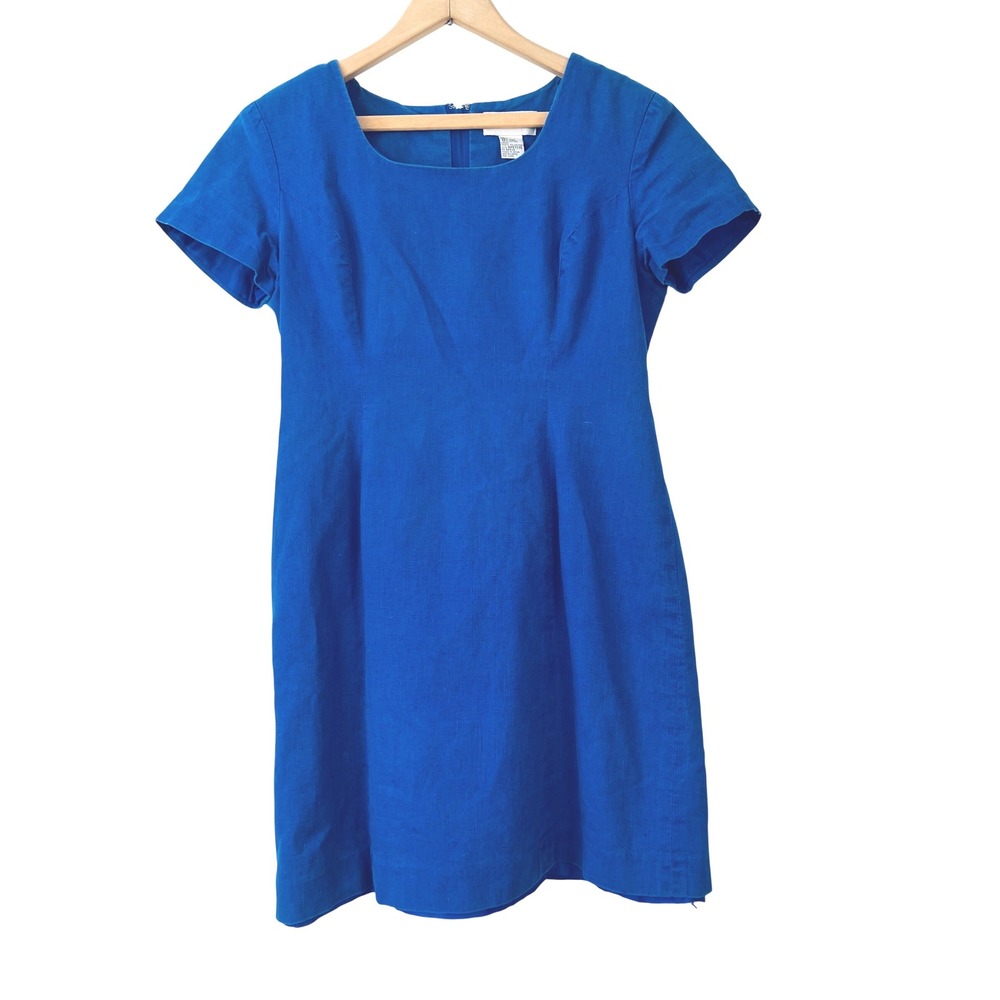 Vintage CAROL HORN WORKSHOP‎ Blue Linen Short Sleeve  Sheath Dress 8 Petite